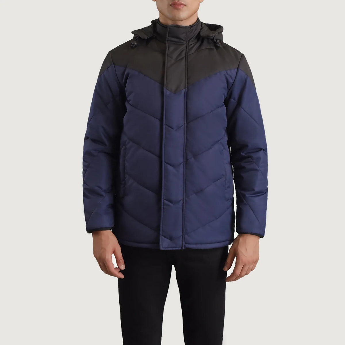 
Vista detalhada of Classic Collar & Zipper With Velcro Placket Hardware on Luka Preto & Azul Hooded Puffer Jaqueta de Couro para Homem