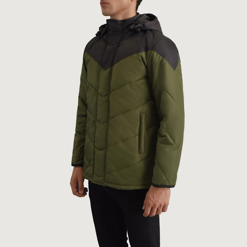 Luka Preto & Verde Hooded Puffer Jaqueta de Couro para Homem