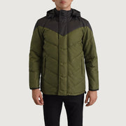 
Vista detalhada of Classic Collar & Zipper With Velcro Placket Hardware on Luka Preto & Verde Hooded Puffer Jaqueta de Couro para Homem
