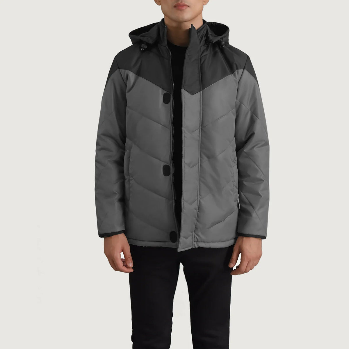 
Luka Preto & Grey Hooded Puffer Jaqueta de Couro para Homem in Black & Grey Full-Grain Leather - Vista frontal e silhueta ajustada | Comprar online