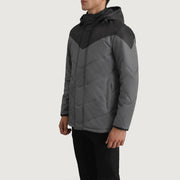 
Black & Grey Full-Grain Leather Hooded Jacket - Vista traseira com ombros definidos e bainha impecável