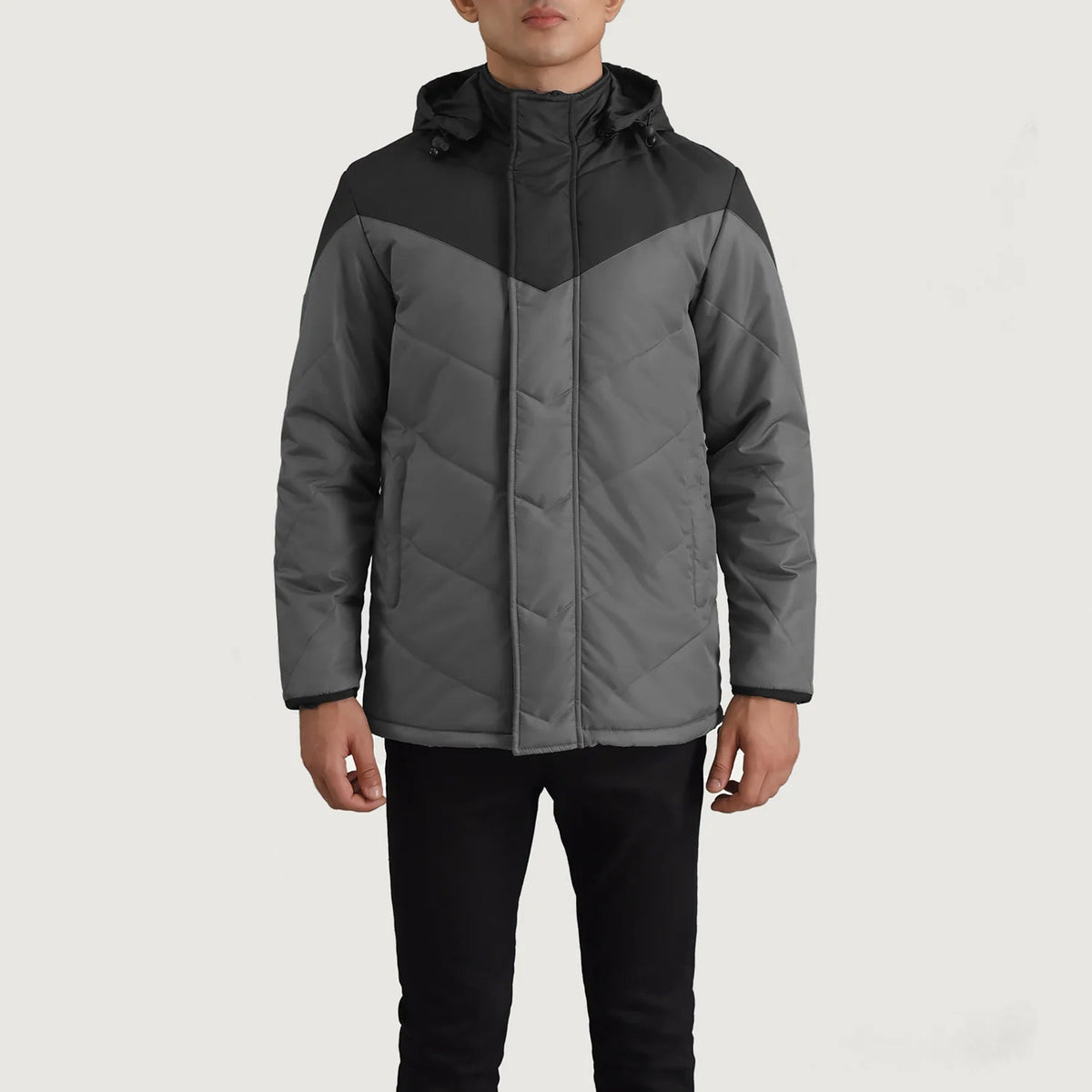 
Vista detalhada of Classic Collar & Zipper With Velcro Placket Hardware on Luka Preto & Grey Hooded Puffer Jaqueta de Couro para Homem