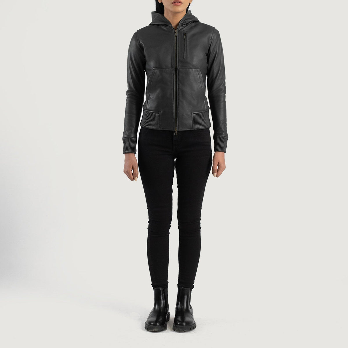 
Luna Hooded Jaqueta Bomber de Couro para Mulher – alternate product view 3