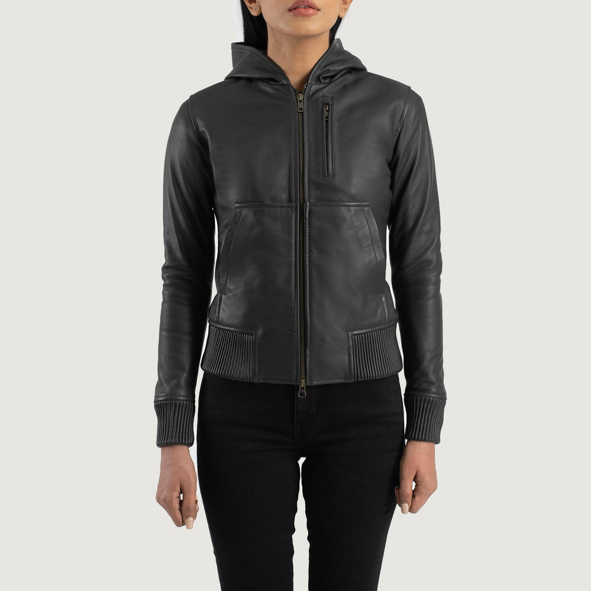 
Luna Hooded Jaqueta Bomber de Couro para Mulher – alternate product view 4