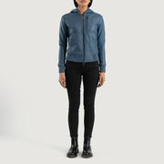 
Luna Blue Hooded Leather Bomber Jacket - Vista lateral mostrando o corte ergonómico de mangas