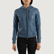 
Vista detalhada of Hooded & Zipper Hardware on Luna Blue Hooded Leather Bomber Jacket