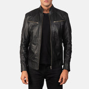 Men's Mack Preto Blusão Biker de Couro para Homem in Black Goatskin Leather - Front Profile View &amp; Tailored Silhouette | Buy Online