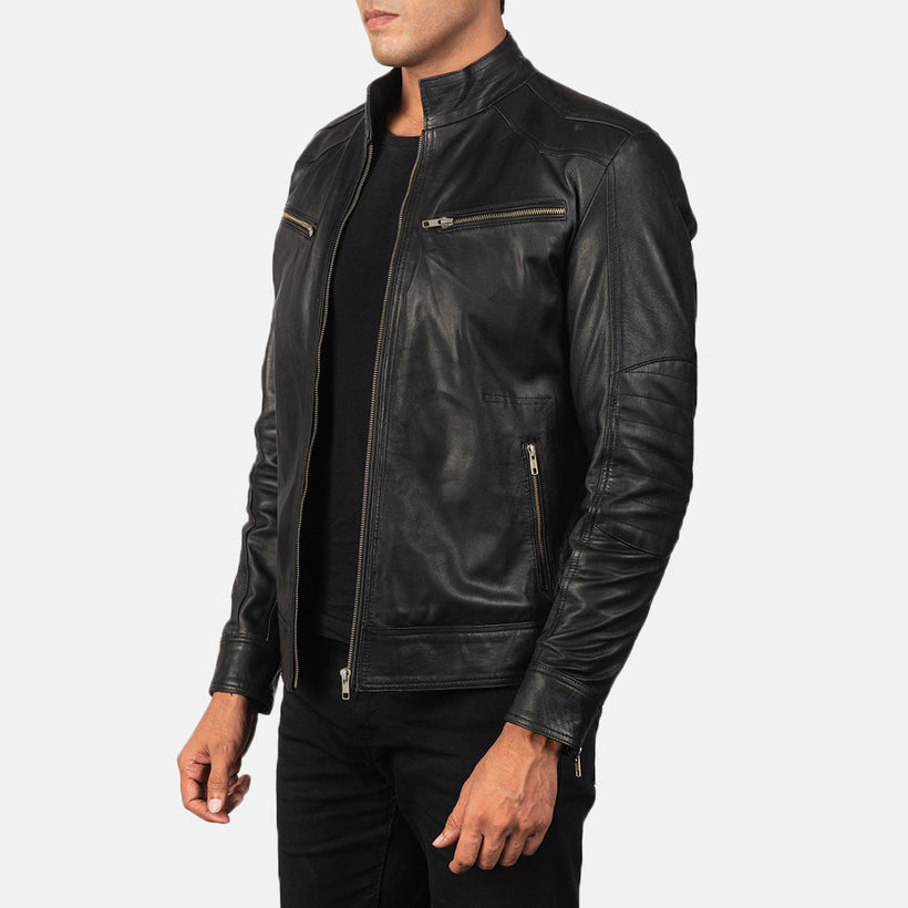 Mack Preto Jaqueta Biker de Couro para Homem