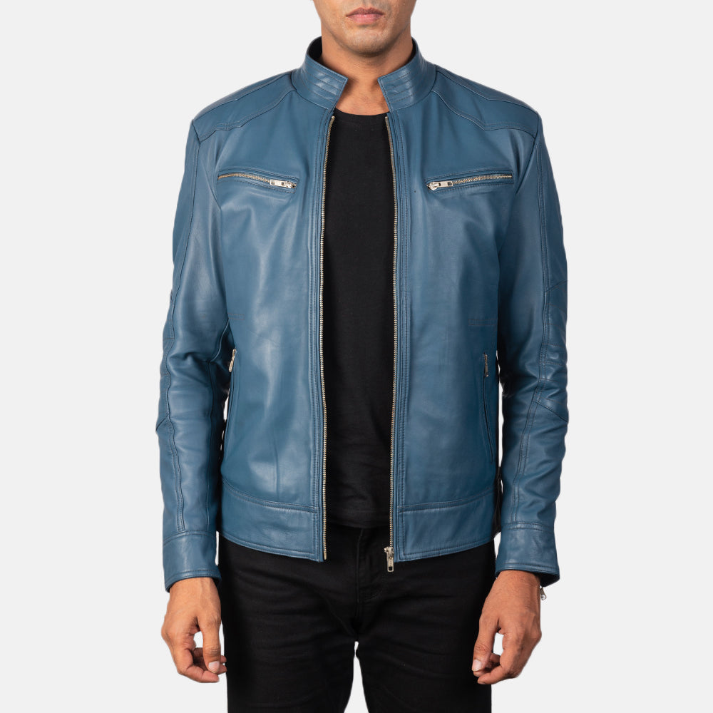 Mack Azul Blusão Biker de Couro para Homem in Blue Sheepskin Leather - Front Profile View &amp; Tailored Silhouette | Buy Online