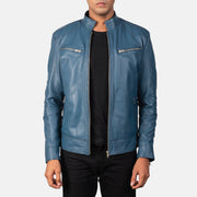 Mack Azul Blusão Biker de Couro para Homem in Blue Sheepskin Leather - Front Profile View &amp; Tailored Silhouette | Buy Online