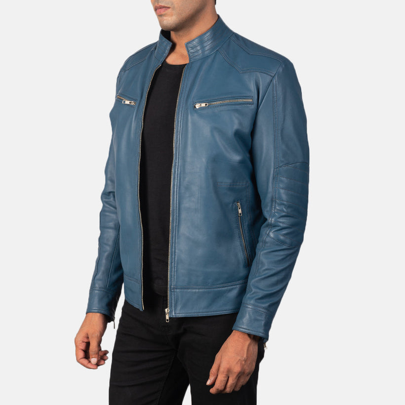 Mack Azul Blusão Biker de Couro para Homem