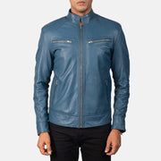 Close-Up Detail of Band &amp; Zipper Hardware on Mack Azul Blusão Biker de Couro para Homem
