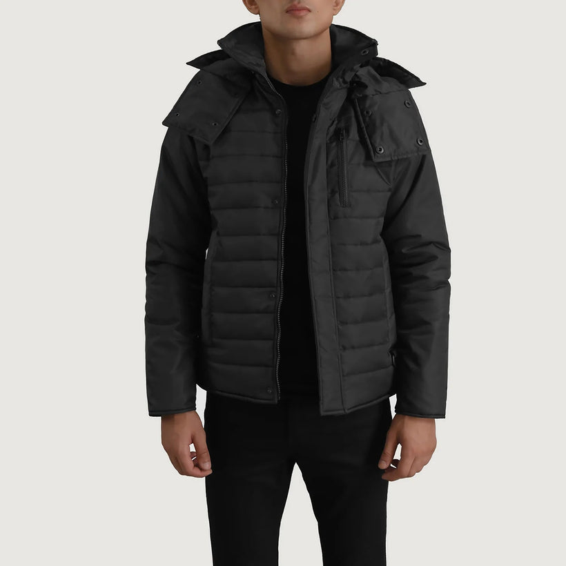Malcolm Preto Hooded Puffer Jaqueta de Couro para Homem