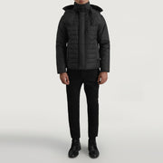 
Malcolm Preto Hooded Puffer Jaqueta de Couro para Homem - Vista lateral mostrando o corte ergonómico de mangas