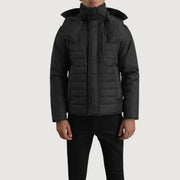 
Vista detalhada of Classic Collar & Zipper With Placket Hardware on Malcolm Preto Hooded Puffer Jaqueta de Couro para Homem