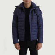 
Malcolm Azul Hooded Puffer Jaqueta de Couro para Homem in Blue Full-Grain Leather - Vista frontal e silhueta ajustada | Comprar online