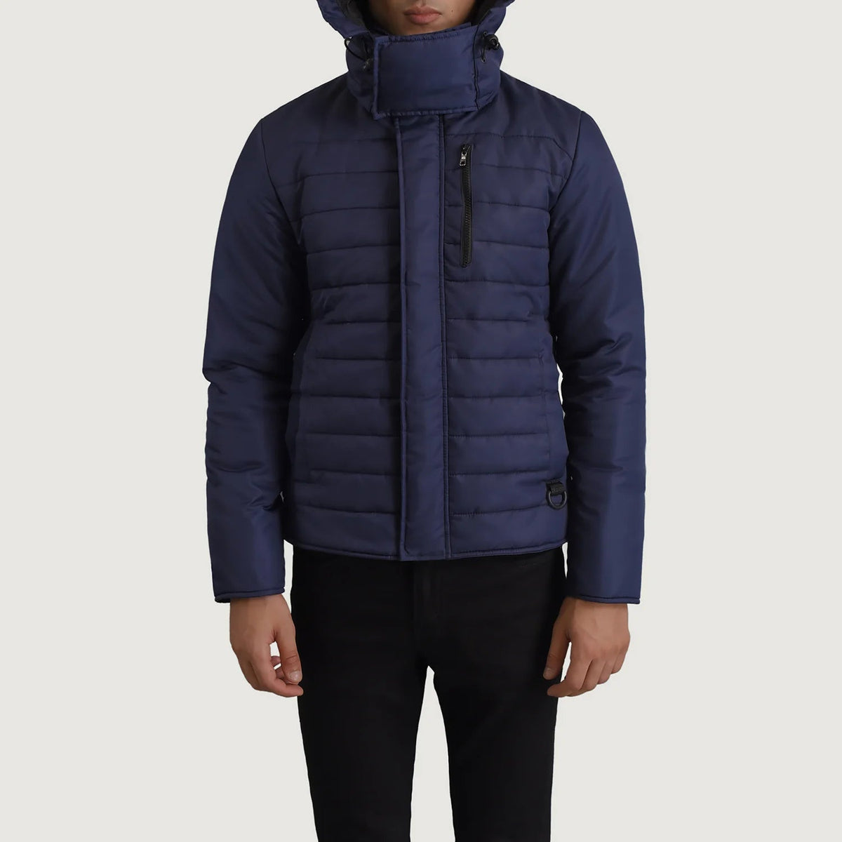 
Vista detalhada of Classic Collar & Zipper With Placket Hardware on Malcolm Azul Hooded Puffer Jaqueta de Couro para Homem