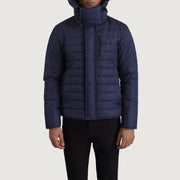 
Vista detalhada of Classic Collar & Zipper With Placket Hardware on Malcolm Azul Hooded Puffer Jaqueta de Couro para Homem