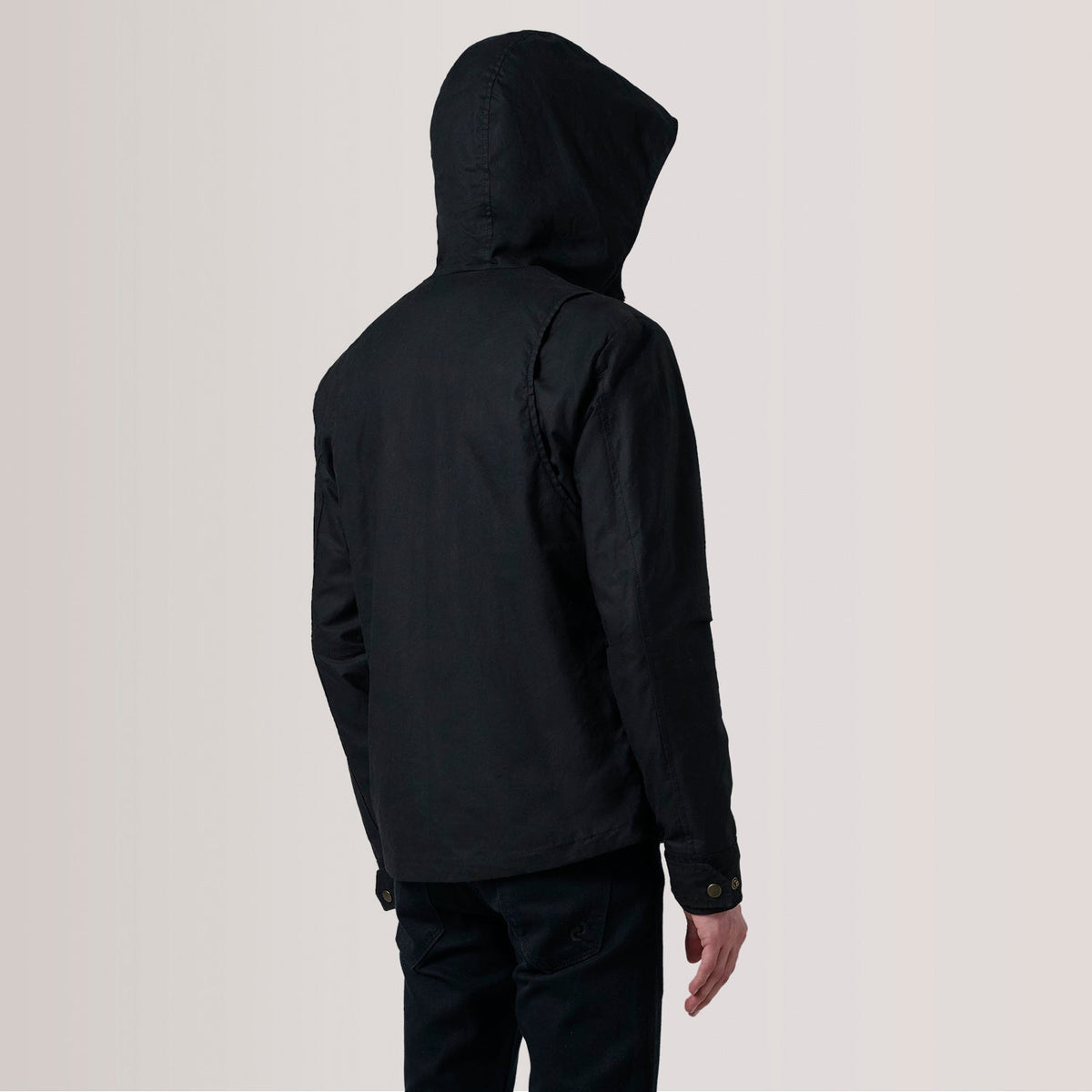 Close-Up Detail of Hooded &amp; Zipper with placket Hardware on Marlo Preto Canvas Hooded Work Blusão de Couro para Homem For Men