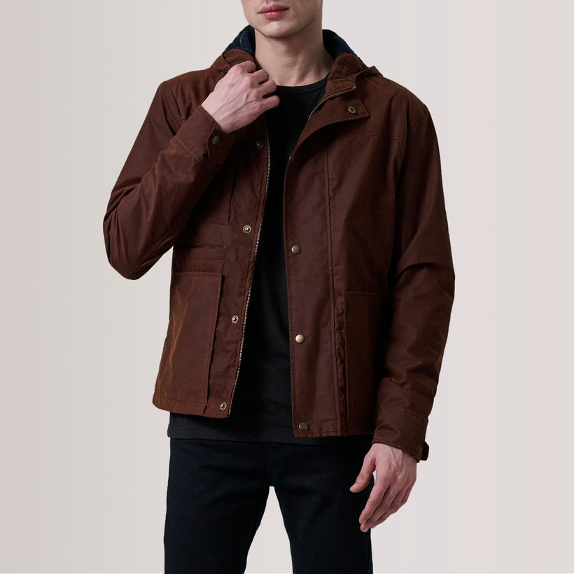 Marlo Castanho Canvas Hooded Work Blusão de Couro para Homem