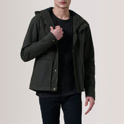 Marlo Olive Canvas Hooded Work Blusão de Couro para Homem For Men in Olive Waxed Cotton Canvas - Front Profile View &amp; Tailored Silhouette | Buy Online