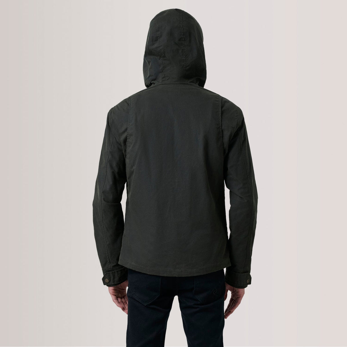 Close-Up Detail of Hooded &amp; Zipper with placket Hardware on Marlo Olive Canvas Hooded Work Blusão de Couro para Homem For Men
