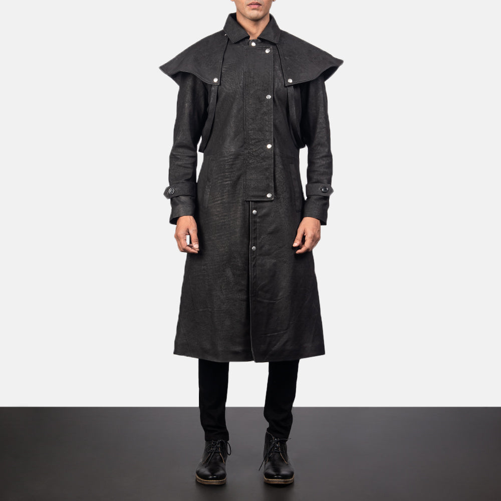 
Maverick Preto Leather Duster para Homem in Distressed Black Sheepskin Snuffed - Vista frontal e silhueta ajustada | Comprar online