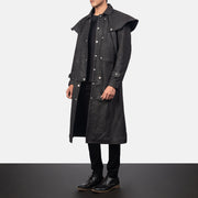 
Distressed Black Sheepskin Snuffed Trench Coat - Vista traseira com ombros definidos e bainha impecável