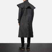
Maverick Preto Leather Duster para Homem - Vista lateral mostrando o corte ergonómico de mangas