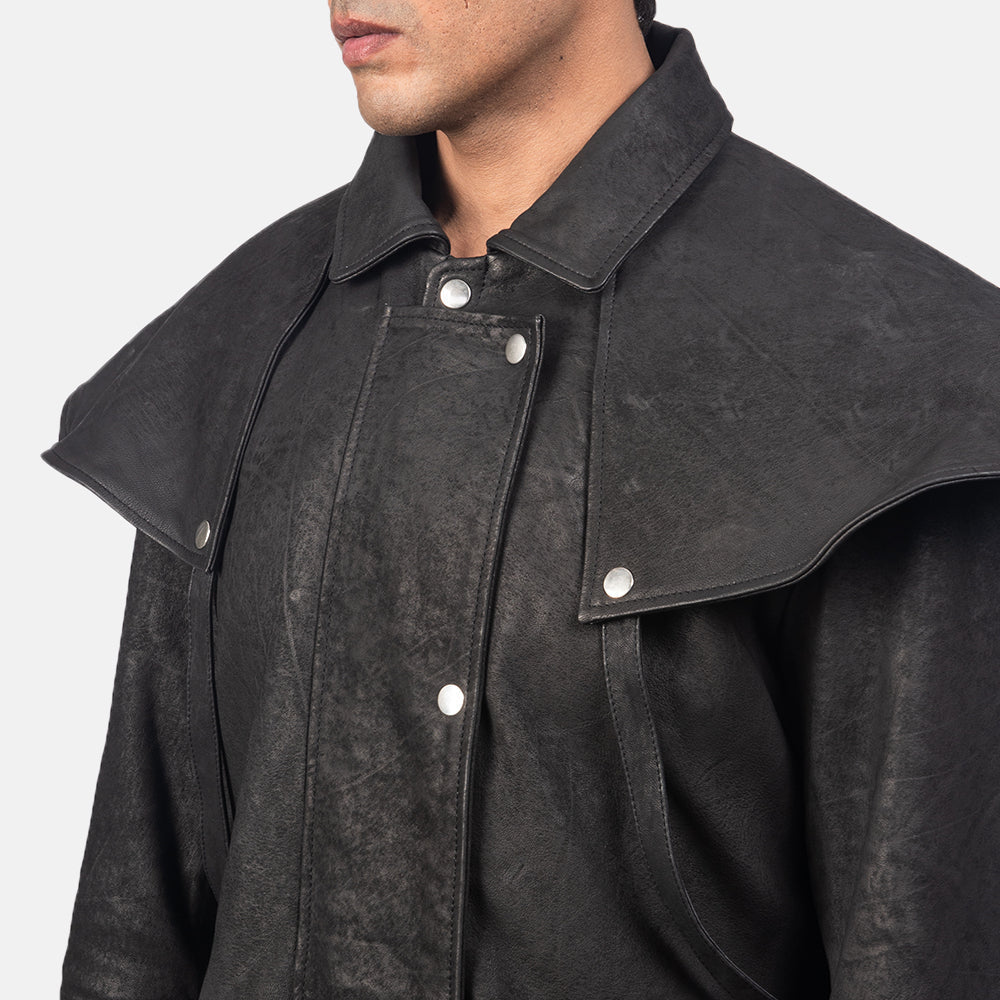 
Vista detalhada of Shirt & Heavy-Duty Zipper Hardware on Maverick Preto Leather Duster para Homem