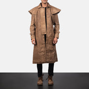 Men's Maverick Castanho Leather Duster para Homem in Distressed Brown Sheepskin Snuffed - Front Profile View &amp; Tailored Silhouette | Buy Online