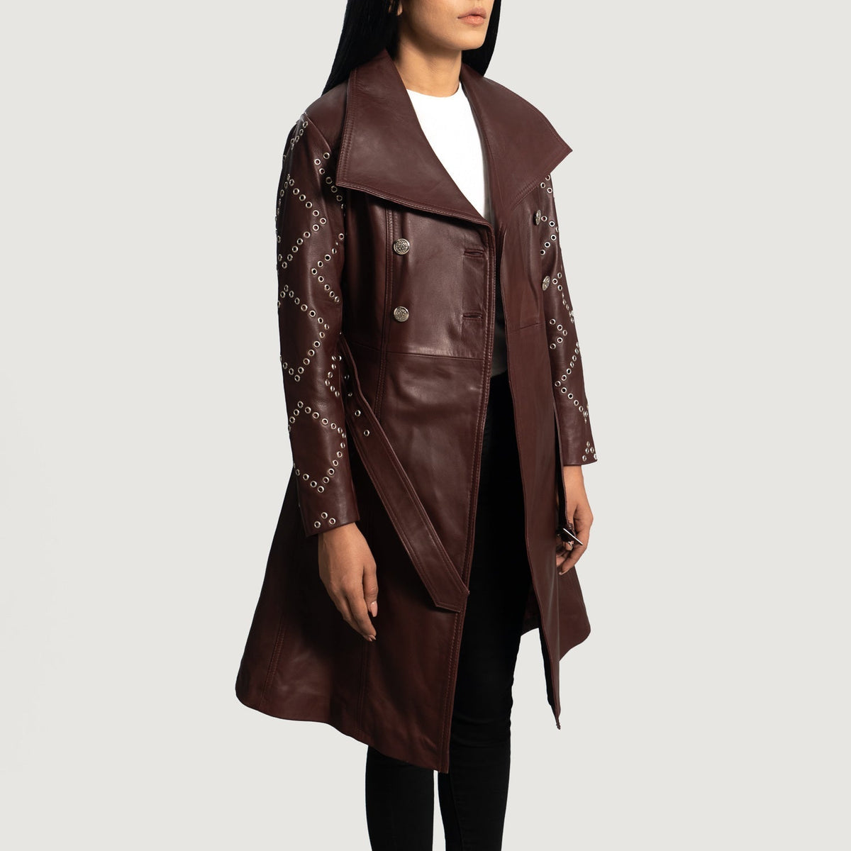 Women's Missoni Bordô Trench Casaco de Couro de Couro de Couro para Mulher - Lateral Side Profile View Showing Sleeve Cut &amp; Athletic Taper Fit