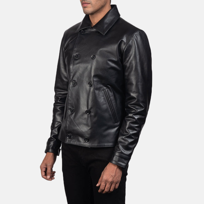 Mod Preto Leather Peacoat para Homem