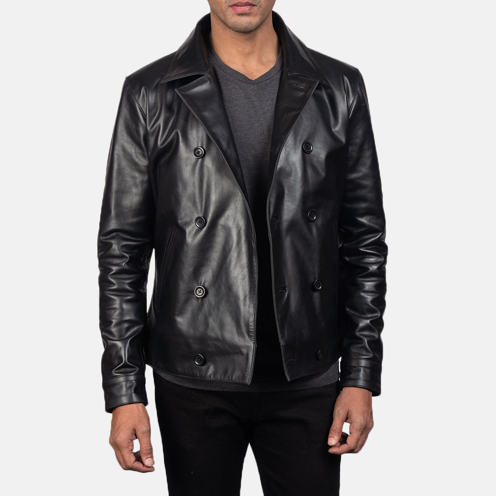 
Vista detalhada of Notch & Buttons Hardware on Mod Preto Leather Peacoat para Homem