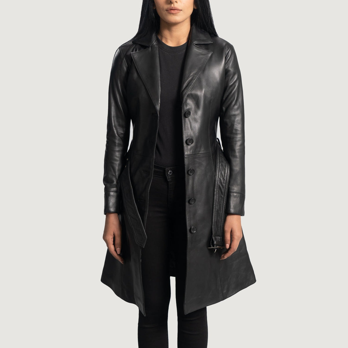 
Moonlight Preto Trench Casaco em Couro em Couro em Couro para Mulher in Black Sheepskin Leather - Vista frontal e silhueta ajustada | Comprar online