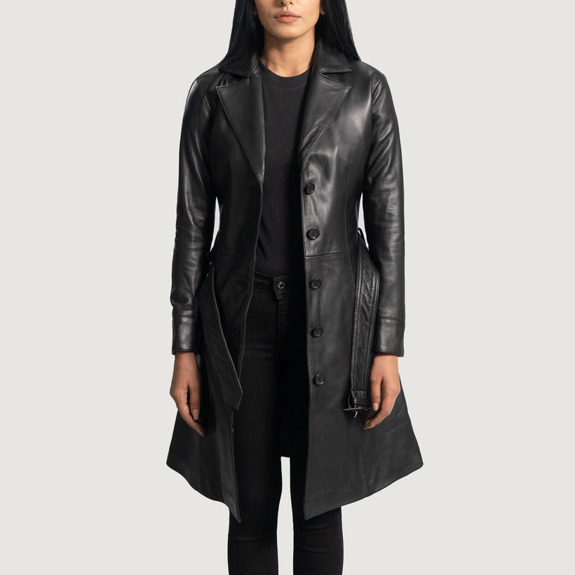 Moonlight Preto Trench Casaco em Couro em Couro em Couro para Mulher