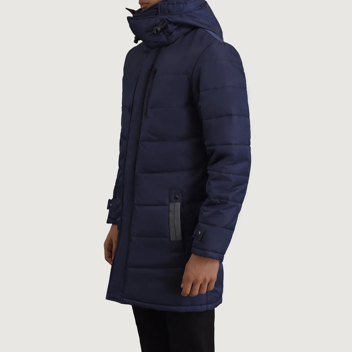 
Blue Full-Grain Leather Hooded Jacket - Vista traseira com ombros definidos e bainha impecável