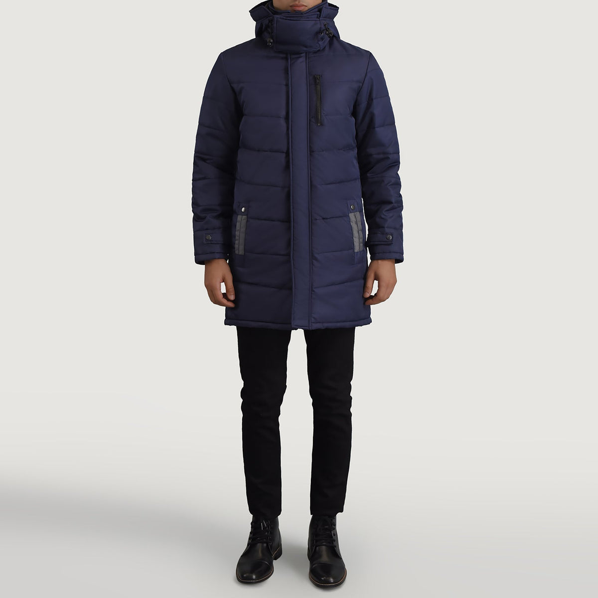 
Moore Azul Hooded Parka para Homem - Vista lateral mostrando o corte ergonómico de mangas
