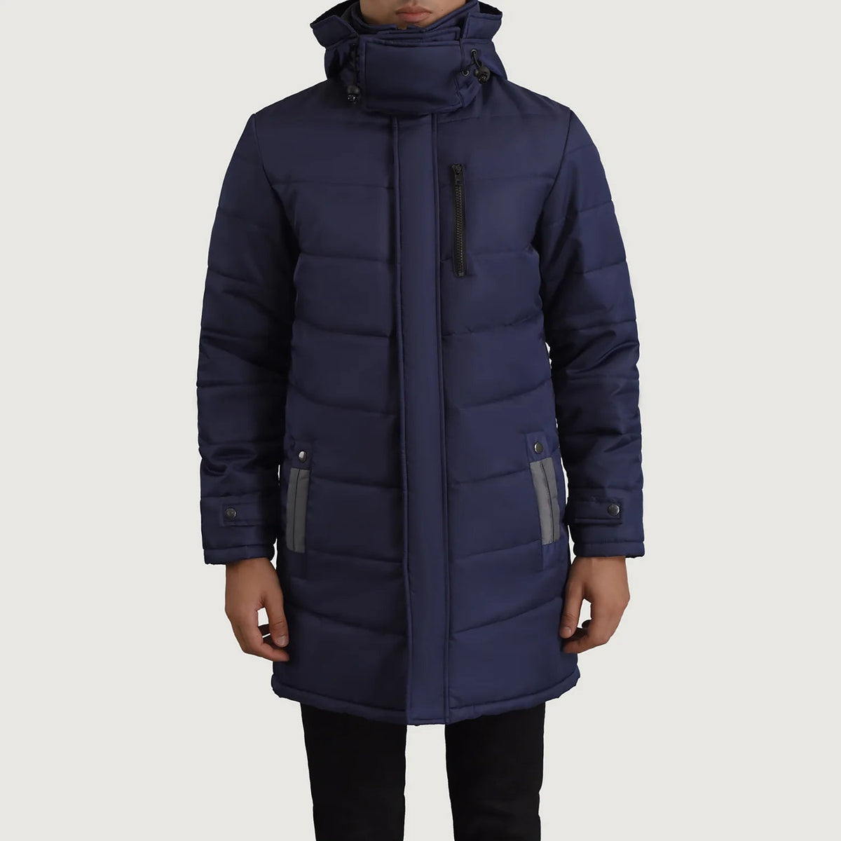 
Vista detalhada of Classic Collar & Zipper With Snap Button Placket Hardware on Moore Azul Hooded Parka para Homem