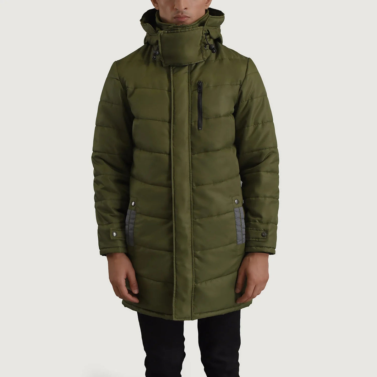 
Vista detalhada of Classic Collar & Zipper With Snap Button Placket Hardware on Moore Verde Hooded Parka para Homem
