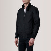 Morrison Preto Canvas Blusão Bomber de Couro para Homem For Men - Lateral Side Profile View Showing Sleeve Cut &amp; Athletic Taper Fit