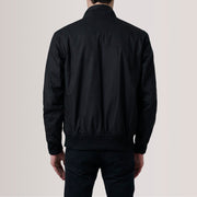 Close-Up Detail of Snap Button &amp; Zipper Hardware on Morrison Preto Canvas Blusão Bomber de Couro para Homem For Men