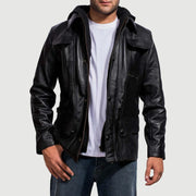 Men's Moulder Hooded Preto Blusão de Couro para Homem in Black Cowhide Leather - Front Profile View &amp; Tailored Silhouette | Buy Online