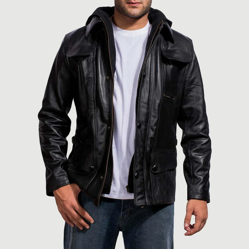 Moulder Hooded Preto Jaqueta de Couro para Homem