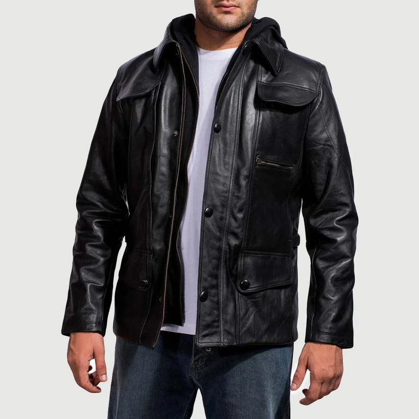 Moulder Hooded Preto Jaqueta de Couro para Homem