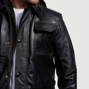 Men's Moulder Hooded Preto Blusão de Couro para Homem - Lateral Side Profile View Showing Sleeve Cut &amp; Athletic Taper Fit