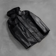 Zipper &amp; Hem Craftsmanship Construction Detail on Men's Moulder Hooded Preto Blusão de Couro para Homem