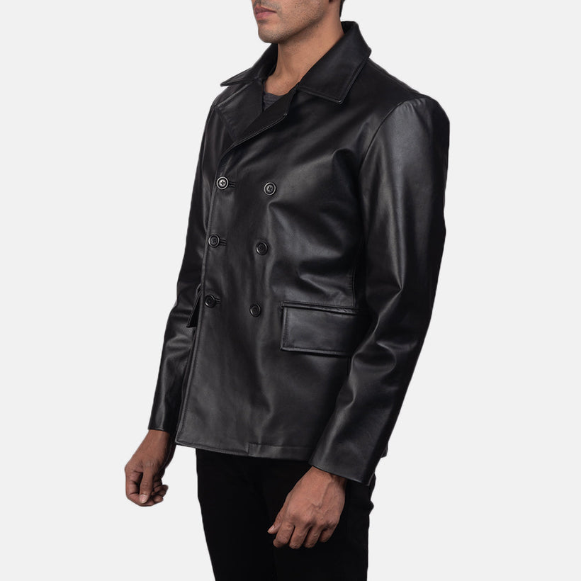 Mr. Bailey Preto Leather Naval Peacoat para Homem