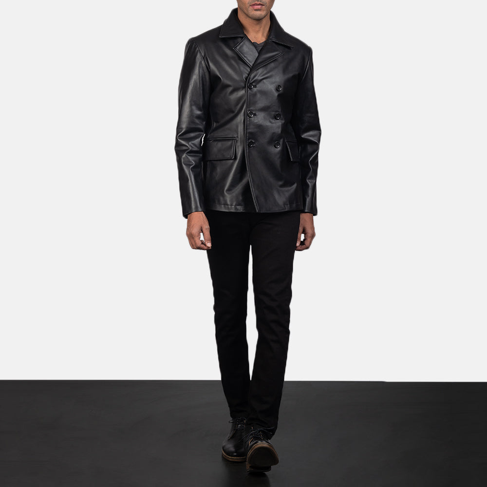 
Mr. Bailey Preto Leather Naval Peacoat para Homem - Vista lateral mostrando o corte ergonómico de mangas