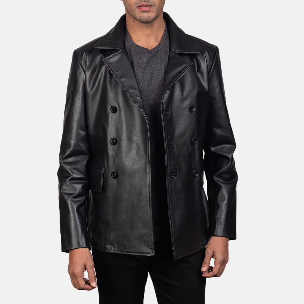 
Vista detalhada of Notch & Buttons Hardware on Mr. Bailey Preto Leather Naval Peacoat para Homem
